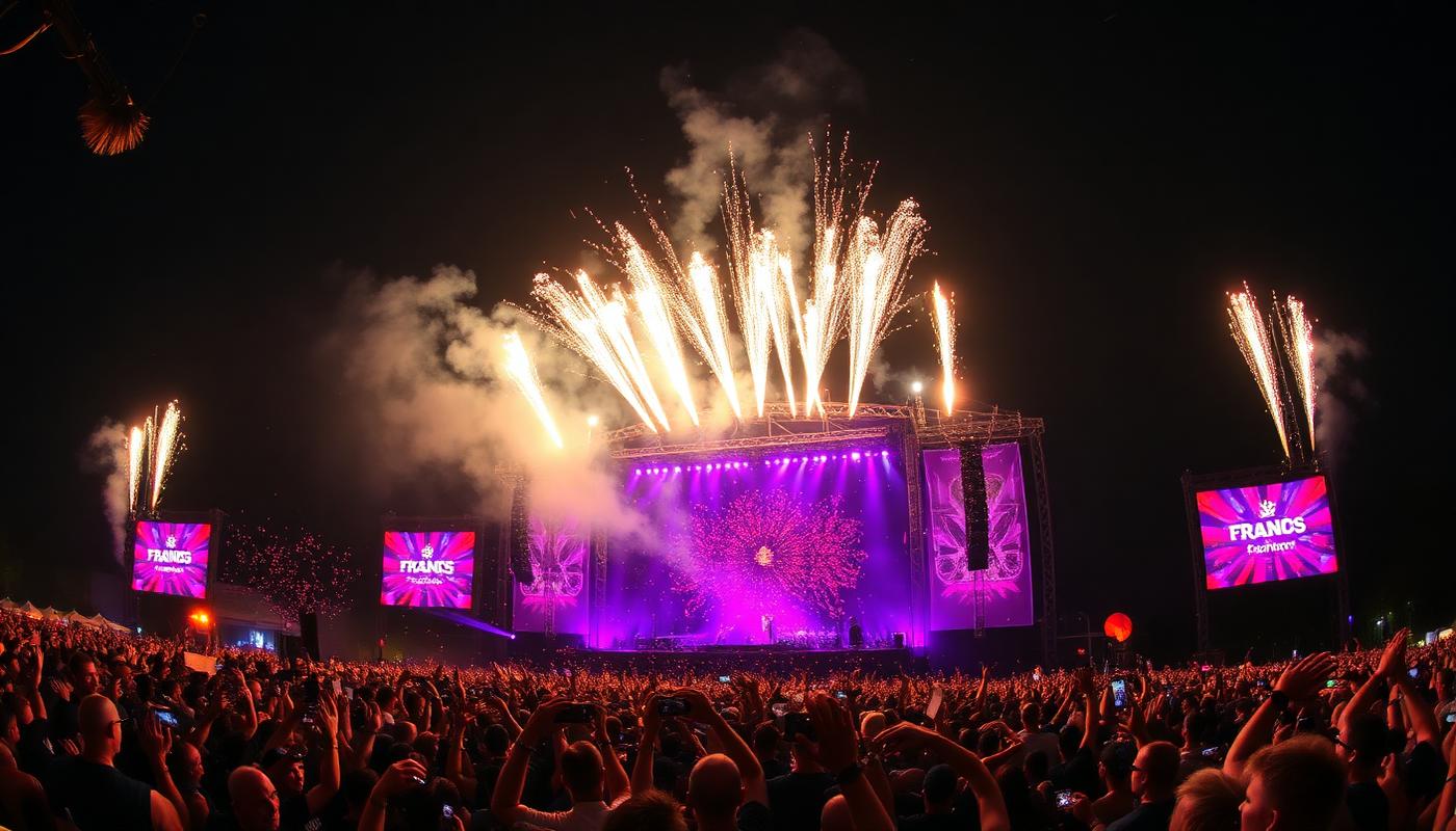 Festival main stage lit up at night with a huge crowd