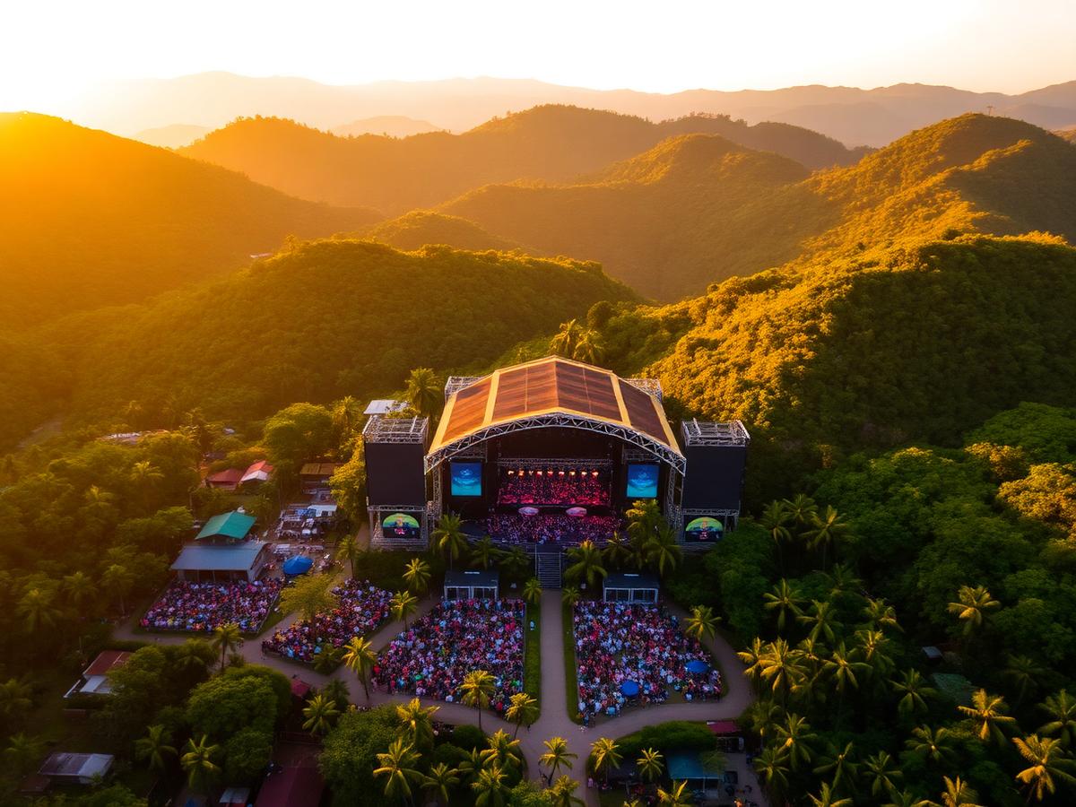 Aerial view of an open-air festival venue set in green tropical hills at golden hour