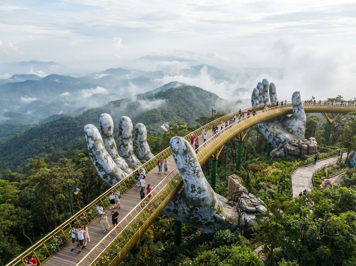 The Golden Bridge at Ba Na Hills held up by giant stone hands