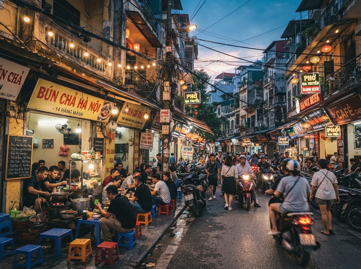 Street food stalls and motorbikes in Hanoi's Old Quarter at dusk