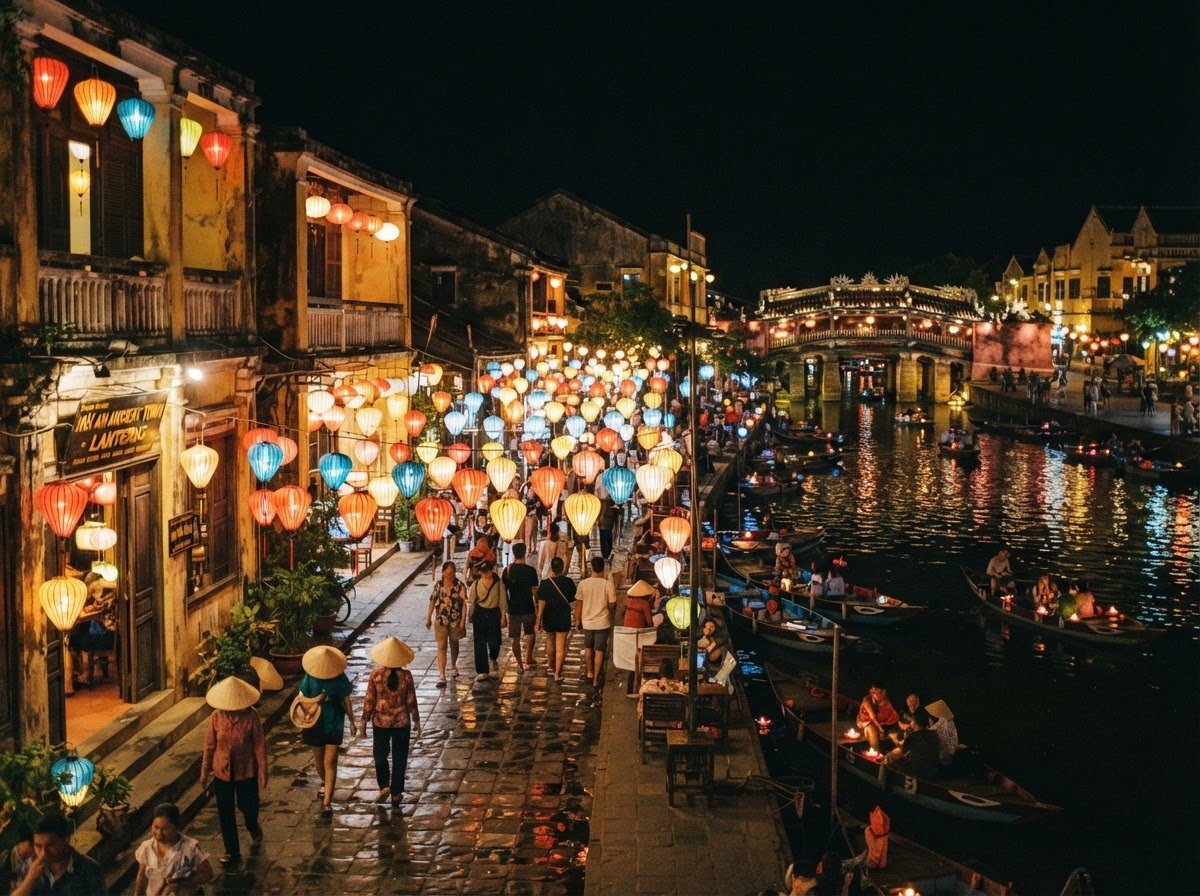 Lantern-lit street and river in Hoi An Ancient Town at night